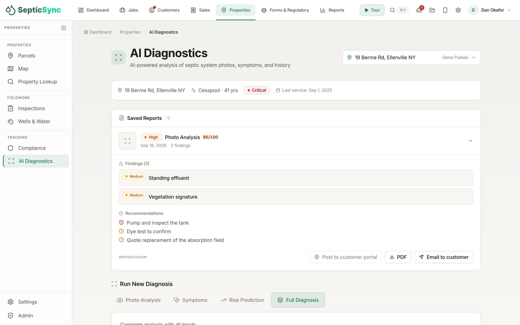 A saved AI diagnosis: findings and recommendations for a property with a failing cesspool