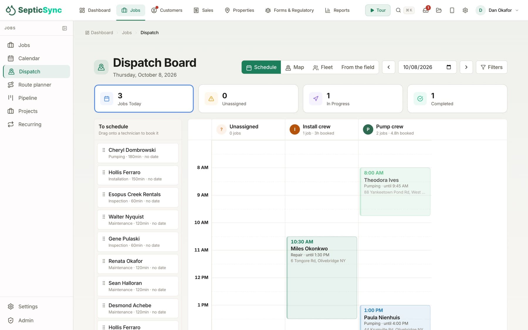 The dispatch board: unbooked jobs on the left and the day laid out by crew