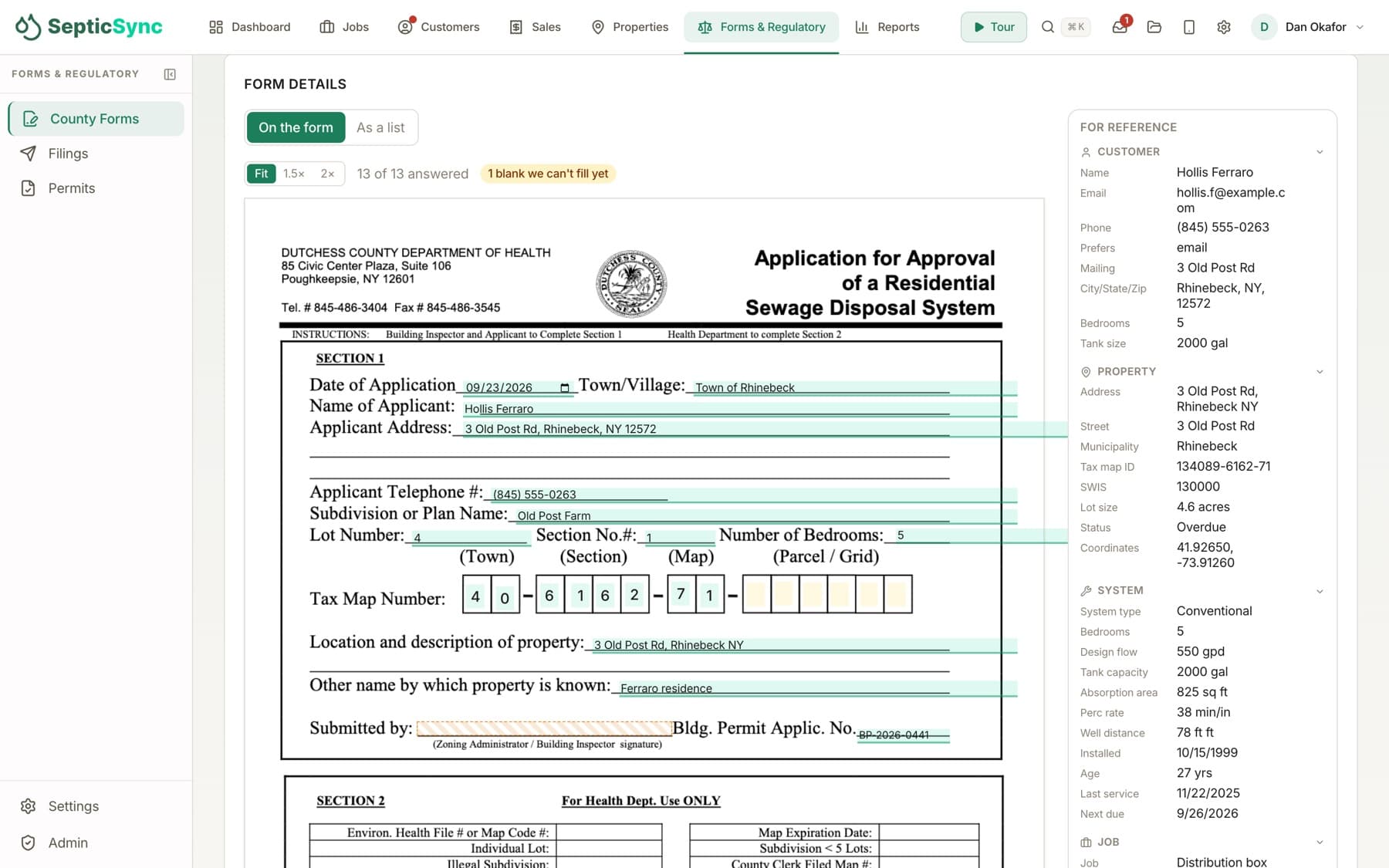 A Dutchess County application filled in on the county's own page, with the customer and property details beside it